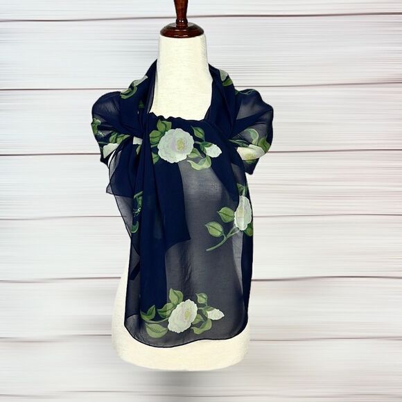 Zazou Luxe Oblong Silk Chiffon Scarf Navy Blue Floral Roses Hand Rolled - Picture 3 of 12